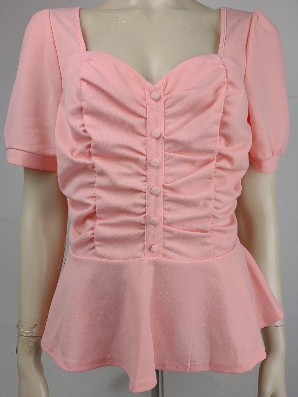 NWT Belle Poque peach pink retro ruched peplum top Pin Up blouse ladies Large